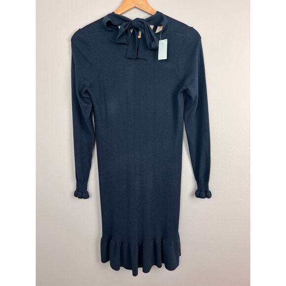 NWT LOFT Womens XSP Navy Wool Tie Neck Sweater Dress Coquette Preppy Holiday‎ - Picture 2 of 11